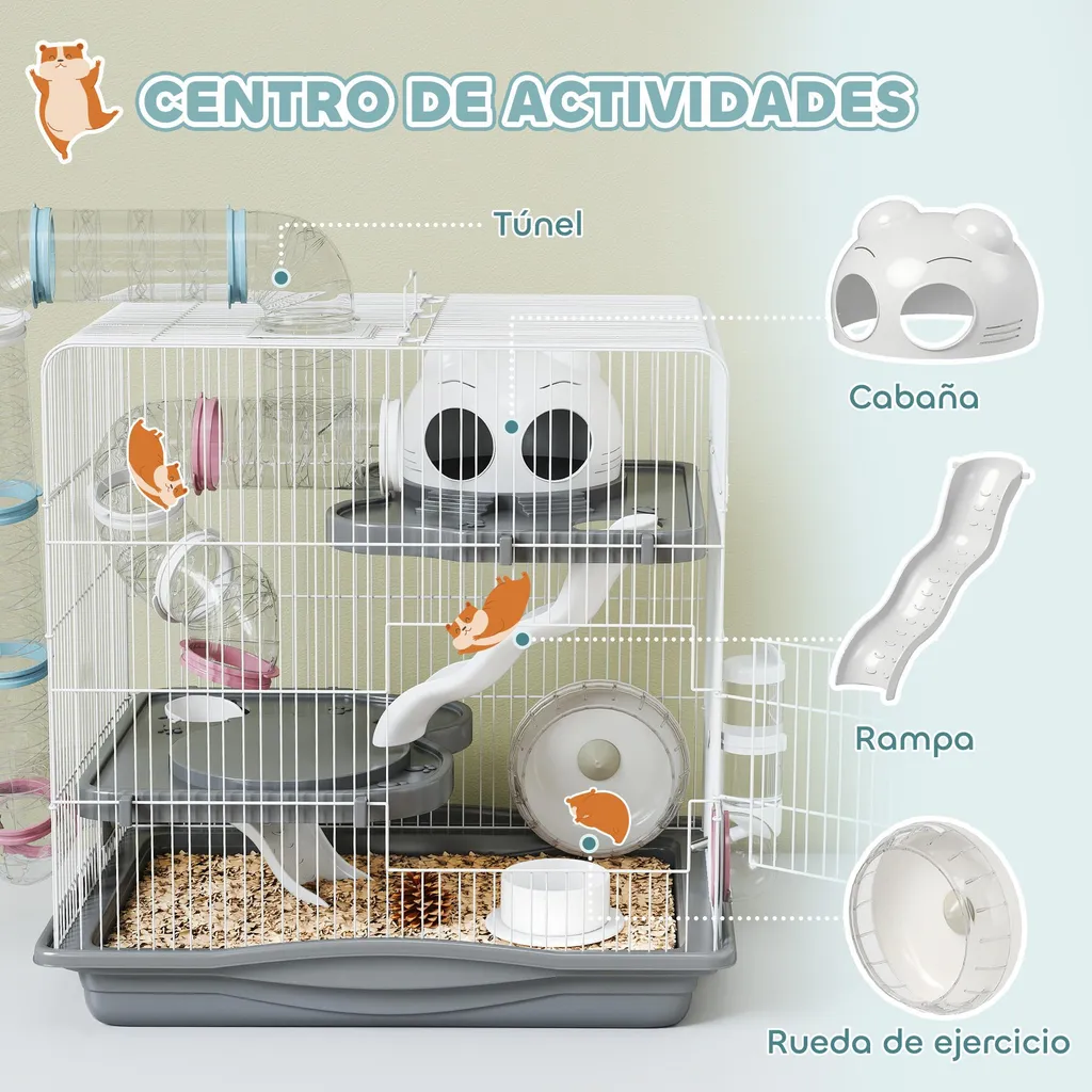 Cage hamster multi-étages équipée d'une roue et d'un abreuvoir, Gris - 3