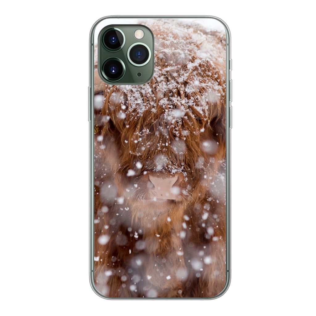 MuchoWow Handyhülle Schutzhülle Hülle für iPhone 11 Pro Schottischer Highlander - Hörner - Schnee Silikon Softcase Handy Hülle - Handy