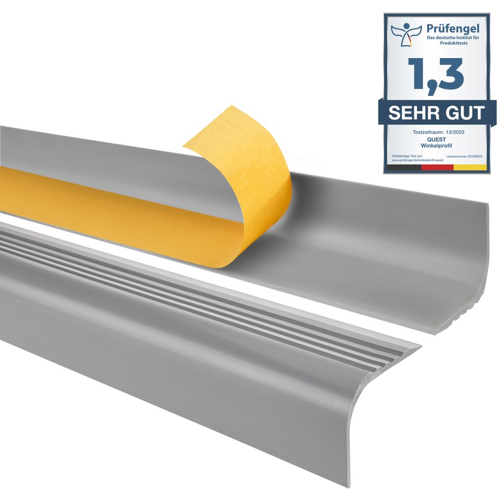 QUEST Treppenkantenprofil Selbstklebend 40x52mm, 1,3m PVC Kunststoff, Antirutsch-Profil, Treppenleiste RGPT, grau