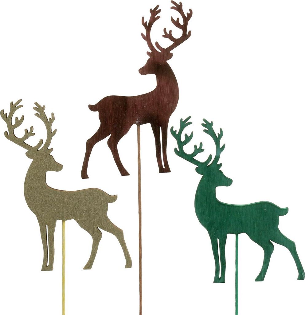 Dekostecker Weihnachts-Hirsch, Holz, Gold/Braun/Grün, 18er Set, 8cm, Festliche Deko, 18 Stück