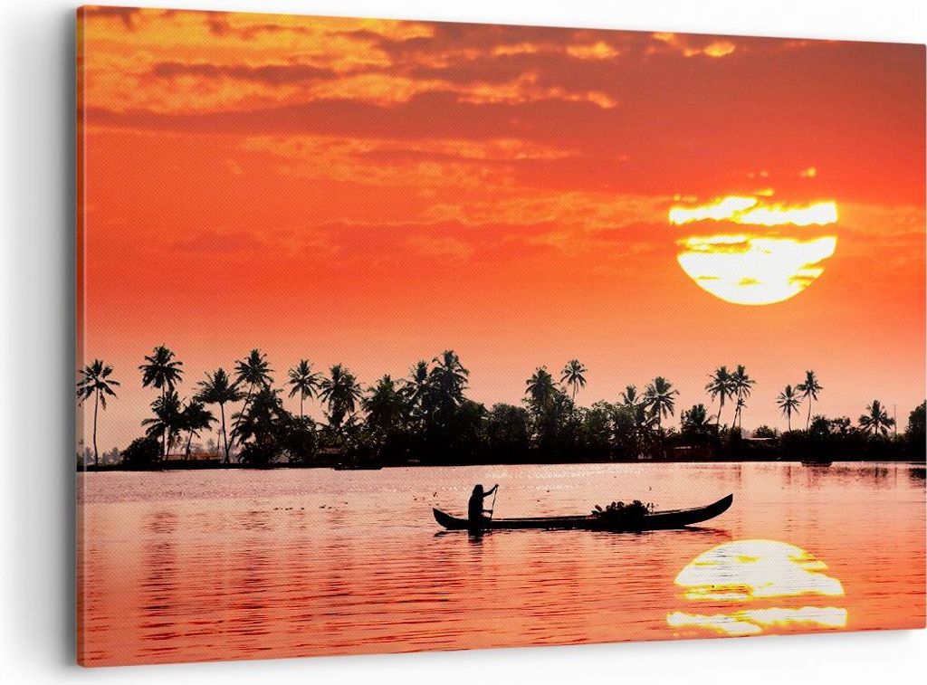 Bild auf Leinwand - Leinwandbild - Kanal boot kultur sonnenuntergang - 100x70cm - Wand Bild - Wanddeko - Leinwanddruck - Bilder - Kunstdruck - Lein...