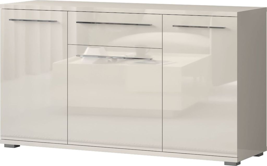 Kommode Garim 1, Farbe: Beige Hochglanz - 85 x 150 x 45 cm (H x B x T)