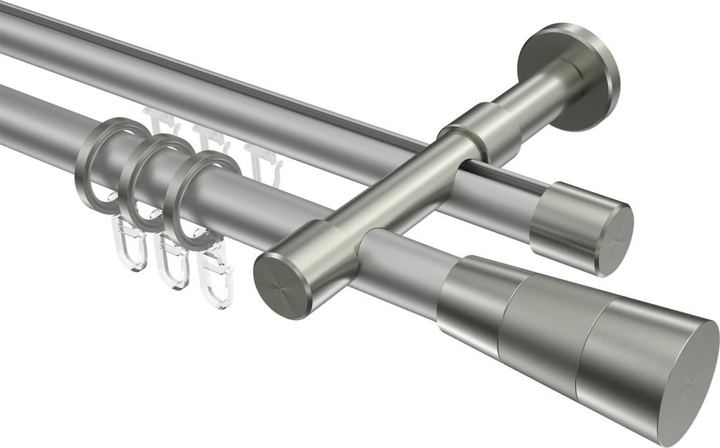 Interdeco Rundrohr-Innenlaufstange / Gardinenstange (Kombination) Silbergrau / Edelstahl-Optik, Typ Prestige Tanara (Konus), 20 mm Ø 2-läufig, 26...