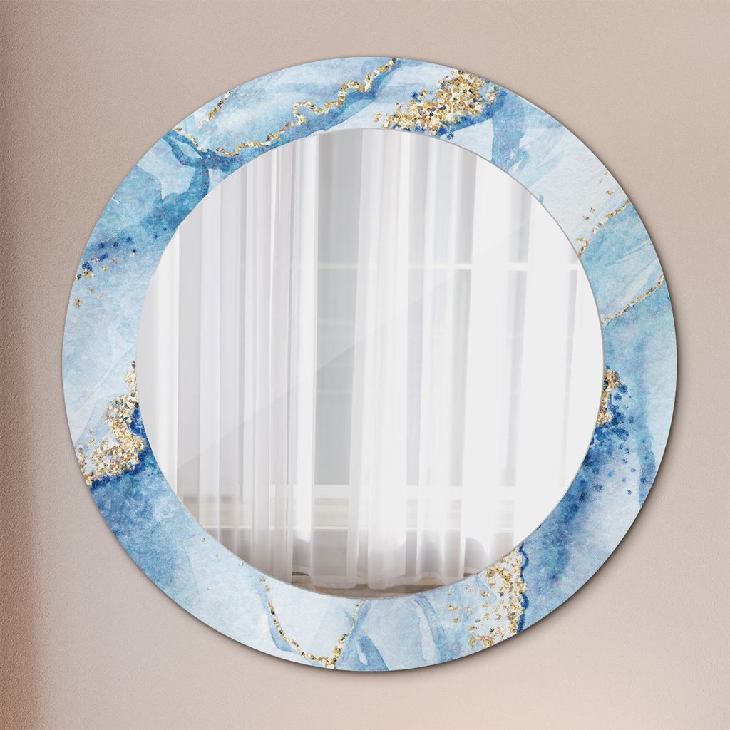 Kosmetikspiegel Spiegel - Flurspiegel - Spiegel mit Modischem Print – Dekospiegel - Blau Marmor mit Gold - Runder: Ø60 cm
