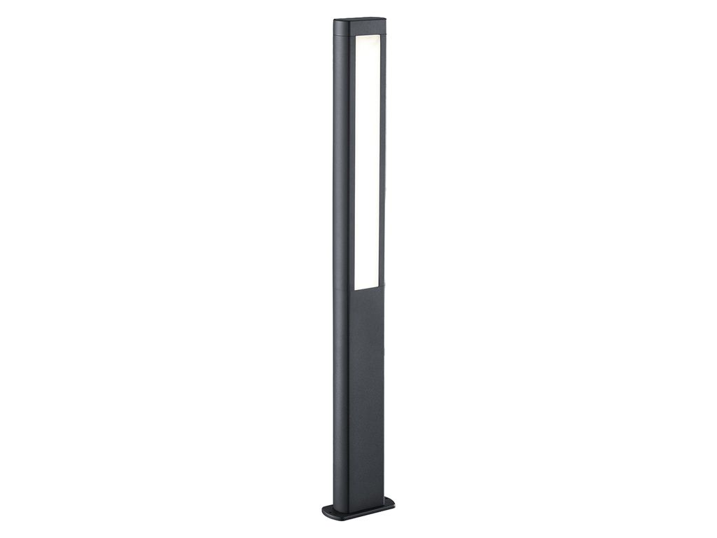 A modern, dark gray bollard light with a white illuminated panel.