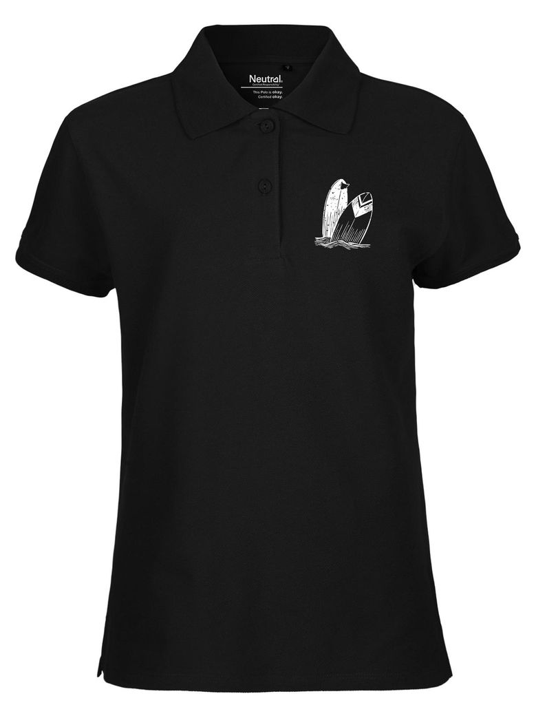 Huuraa Damen Polo Shirt Surfboard Board XS Black Bio Baumwolle Fairtrade Poloshirt Geschenkidee