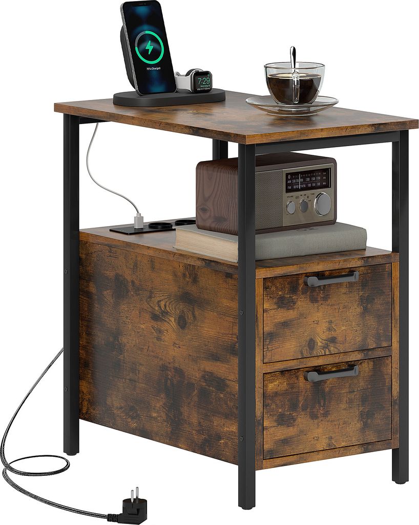 A rustic-style side table with a charging station, USB ports, and drawers.