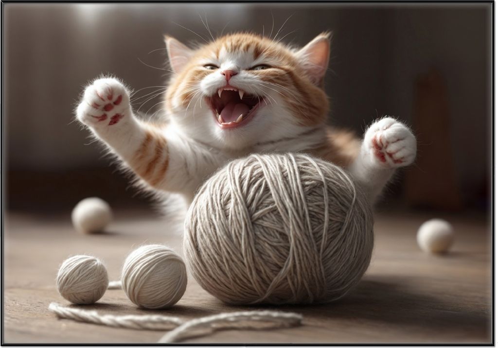 Wallario Wandbild Katze mit Wollknäuel, Größe: 70,30 x 100,30 cm, Poster mit schwarzem Aluminiumrahmen