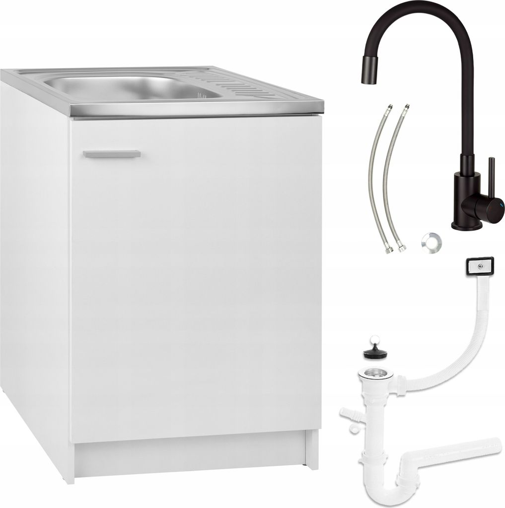 Küchenunterschrank Weiß 60x60 mit Edelstahl Spüle Küchenarmatur Deante Schwarz Ausziehbar Geschirrspüler-Siphon