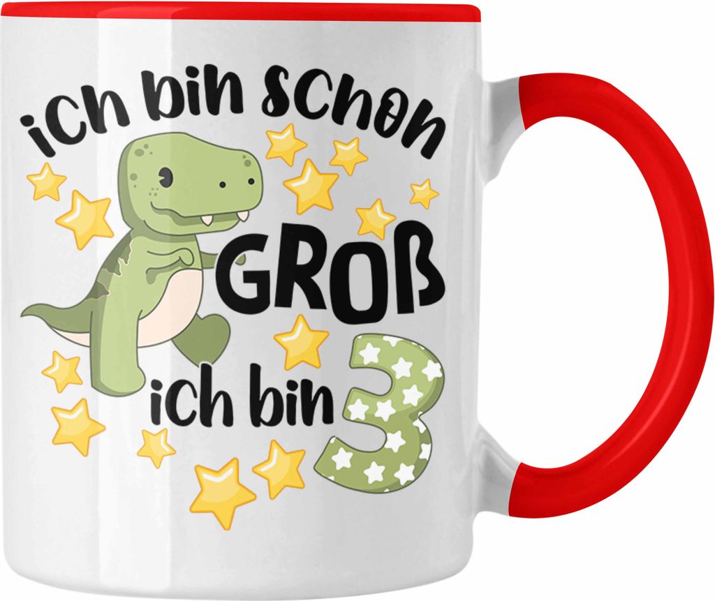 Trendation - 3. Geburtstag Tasse Jungs Jungen Geschenk 3 Jahre Alt 3 Dino für Jungs Dinosaurier Sohn (Rot)