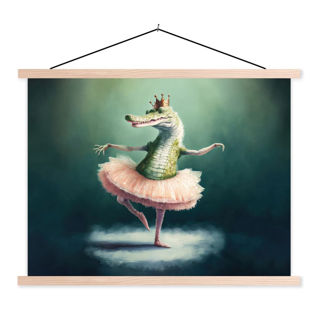 MuchoWow Textilposter Krokodil - Krone - Gold - Ballett - Porträt - Kinder 120x90 cm mit holzfarbenen Rahmen - Magnetisch