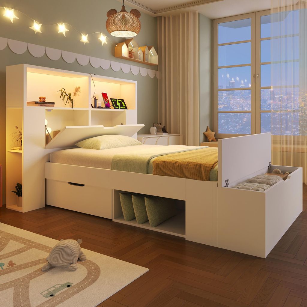 STILVORA Holzbett 90x200cm mit Stauraum und LED-Beleuchtung, Einzelbett mit USB-Ladeanschlüssen und Schubladen, Bettbank mit Regalen für Kinder- ...