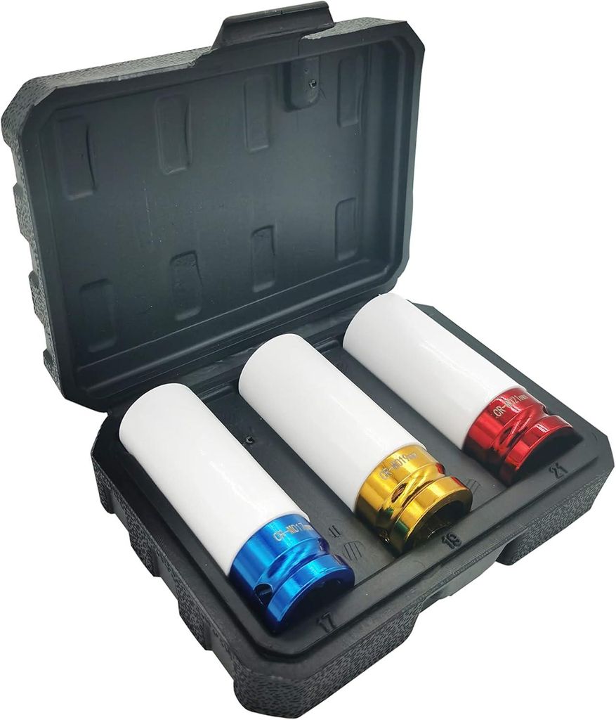 TRACER 3tlg Steckschlüsselsatz Kraft Schoneinsätze 1/2" für Alufelgen 17, 19 und 21mm Cr-Mo Schlagschrauber Nüsse Schonnüsse Radwechsel | 78mm...
