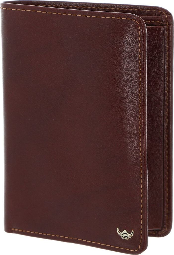 A brown leather wallet is shown from the front, slightly open to reveal the inside.