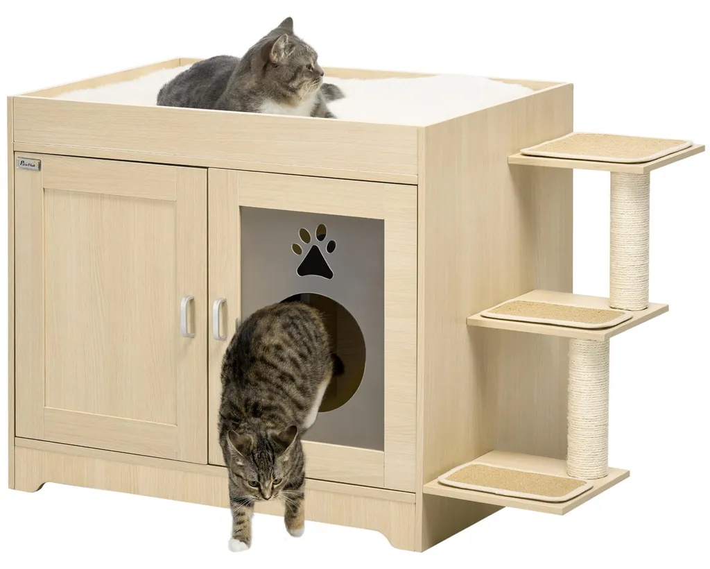 Meuble cache litière bois chêne pour chat : grand format 107x54x70cm
