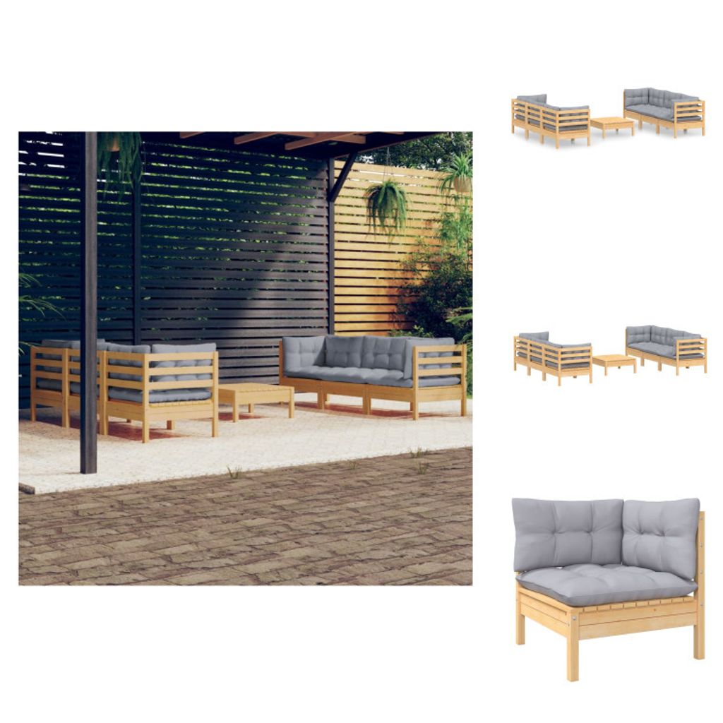 vidaXL 7-tlg. Garten-Lounge-Set mit Grauen Kissen Kiefernholz - Gartenmöbel-Sets