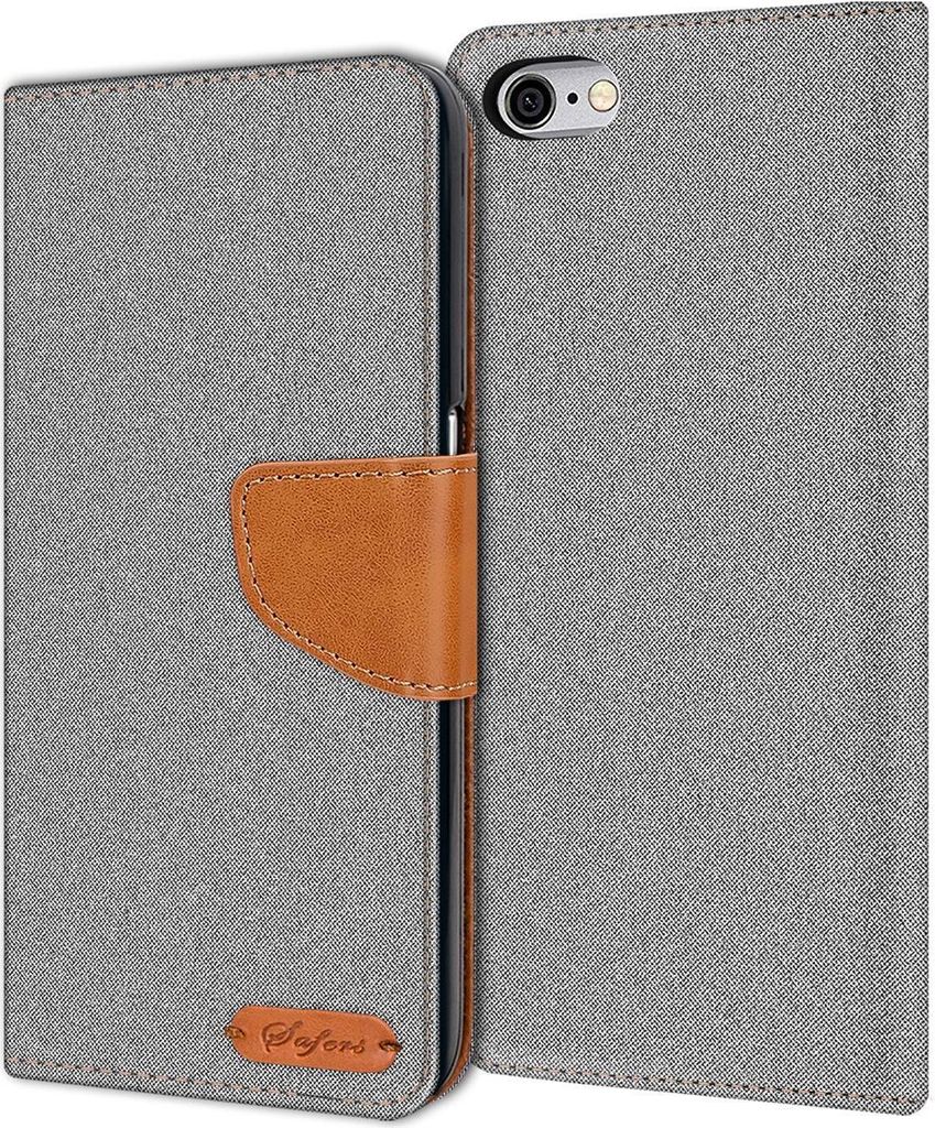 Conie Jeans Style Klapp Tasche für iPhone 6 / 6S Kartenfach Hülle Rundumschutz in Grau