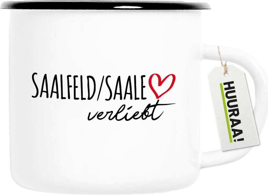 Huuraa Emaille Tasse Saalfeld Saale verliebt 300ml Vintage Campingbecher Geschenkidee