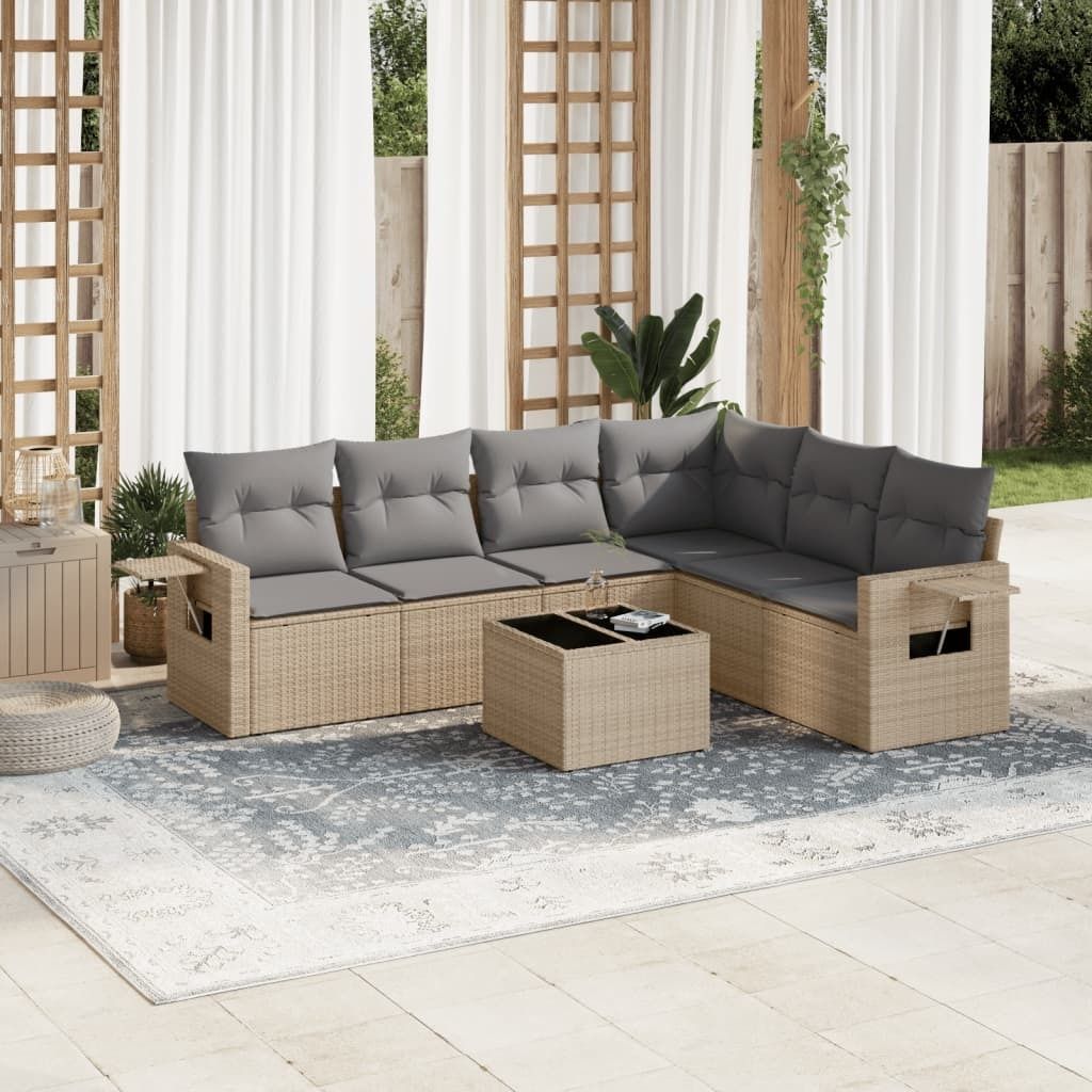 7-tlg. Garten-Sofagarnitur mit Kissen Beige Poly Rattan 3220218