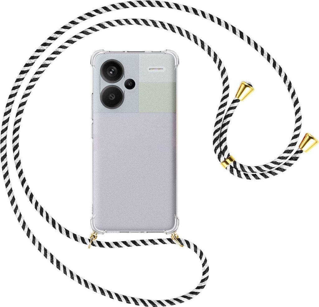 Handykette Backcover-Schutzhülle mit Band (Metall goldfarben) für Xiaomi Redmi Note 13 Pro Plus - schwarz/weiß gestreift