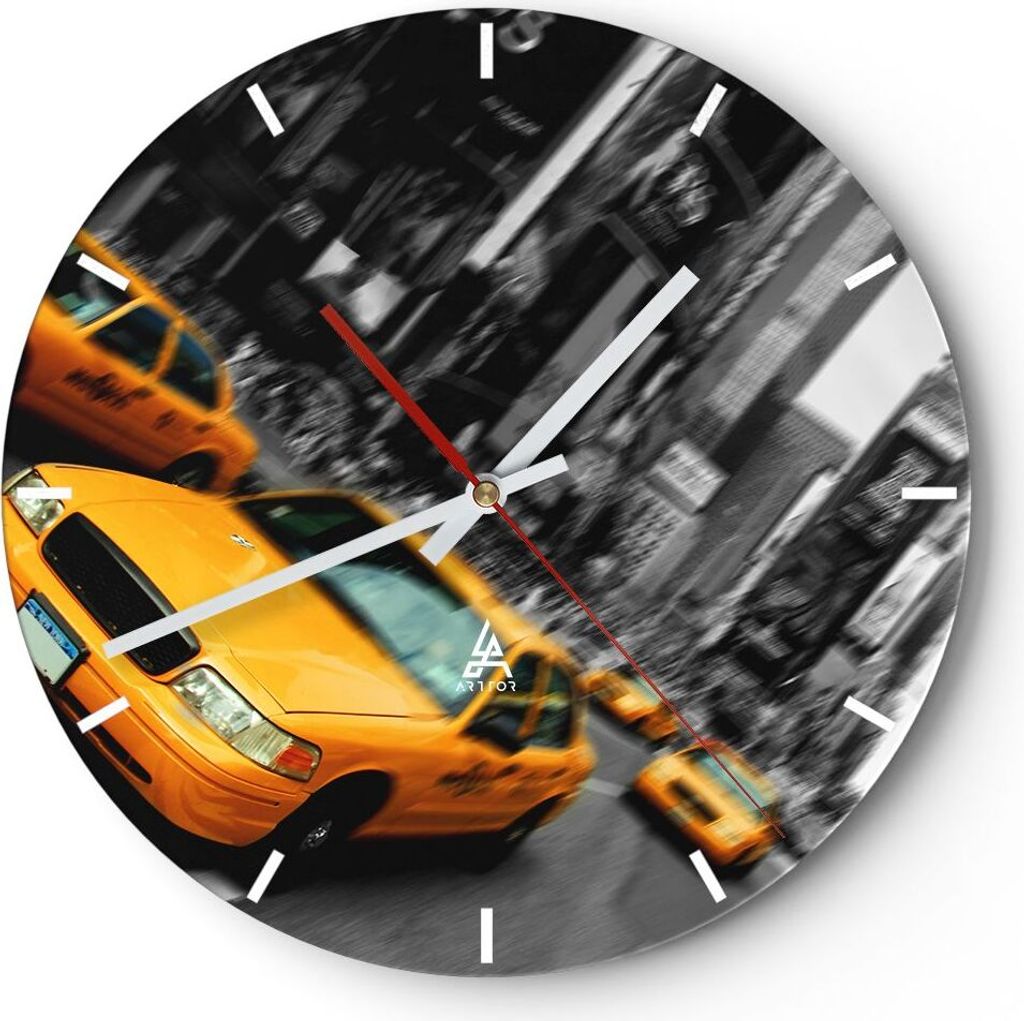Wanduhr - Rund - Glasuhr - Amerika taxi stadt - 30x30cm - Schleichendes Uhrwerk - Lautlos - zum Aufhängen bereit - Dekoration Modern - Wanddekorat...