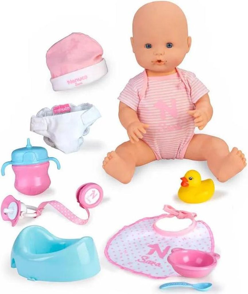 A collection of baby doll accessories and a baby doll are arranged on a white background.