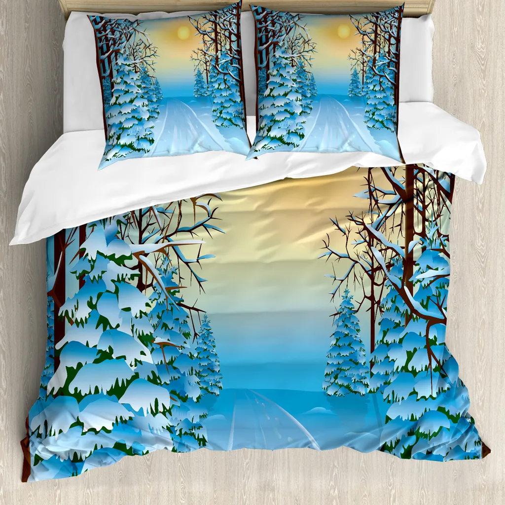 ABAKUHAUS Copripiumino invernale, paesaggio cartoon, antiacaro, adatto a chi soffre di allergie, con federe, 155 cm x 220 cm - 80 x 80 cm, blu giallo