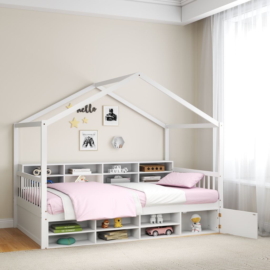 GOPLUS Holzbett 90 x 200 cm, Kinderbett mit Rausfallschutz & Llattenrost, Bodenbett mit Stauraum, Jungendbett