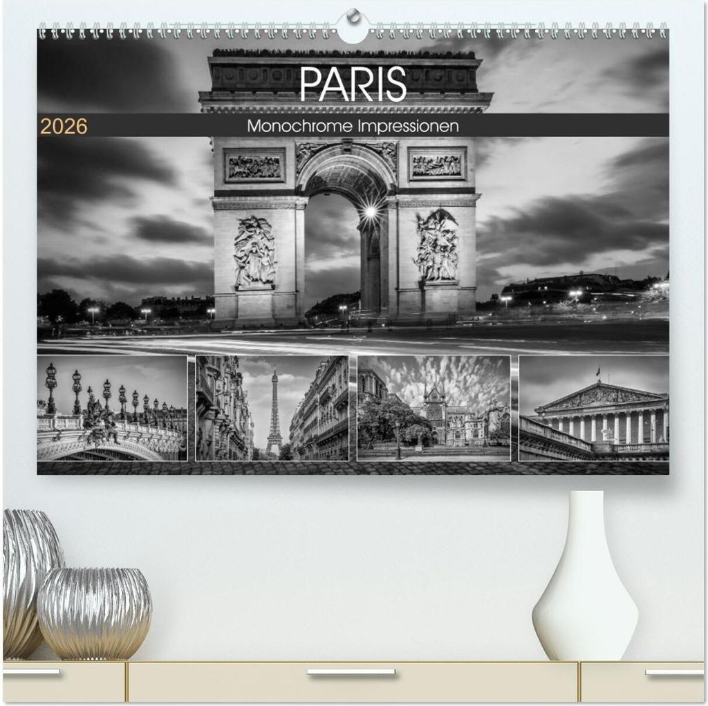 PARIS Monochrome Impressionen (hochwertiger Premium Wandkalender 2026 DIN A2 quer), Kunstdruck in Hochglanz