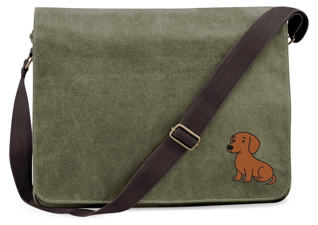 Huuraa Umhängetasche Kurzhaar Dackel Dachshund Comic 14 Liter Military Green Canvas Laptoptasche Geschenkidee