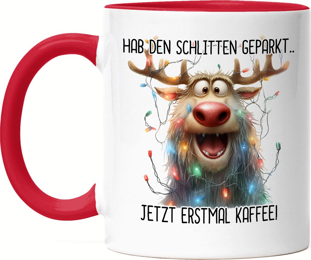 Hab Den Schlitten Geparkt Jetzt Erstmal Kaffee Lustiges Rentier Julklapp Geschenk Tasse Rot Lustiges Weihnachten