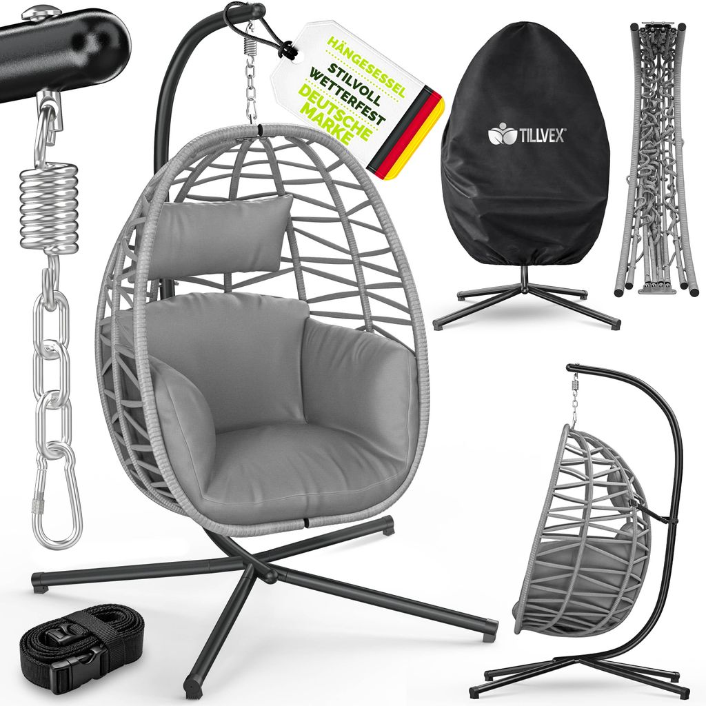 tillvex Hängesessel mit Gestell Outdoor & wetterfester Abdeckung inkl. Befestigung | Hängekorb klappbar bis 150 kg | Hängesitz aus Rattan | H...