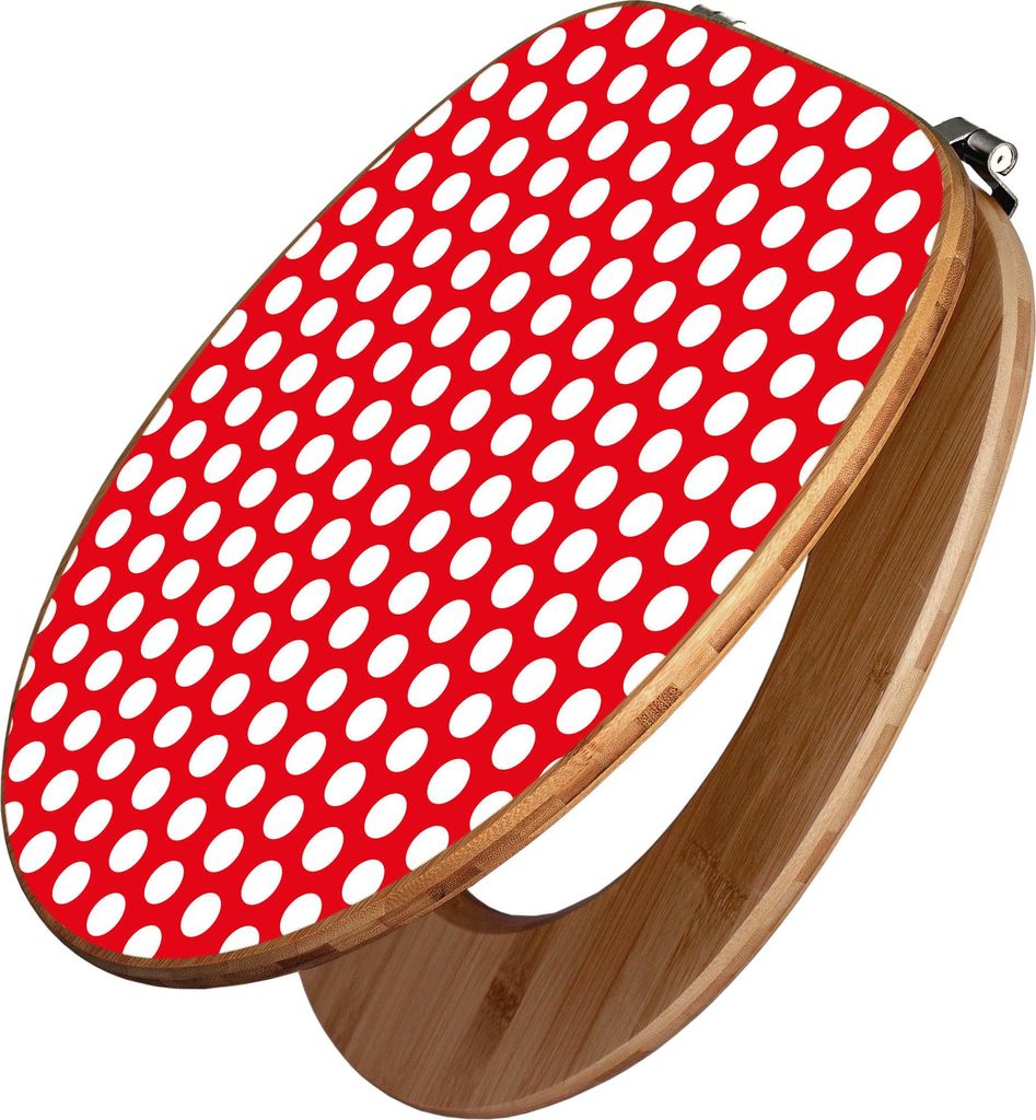 banjado Design WC Sitz Bambus 44x38x5cm - Punkte Rot - Toilettendeckel/Toilettensitz Bambus - hochwertiger Bambus Klodeckel/WC-Sitz mit Universal S...