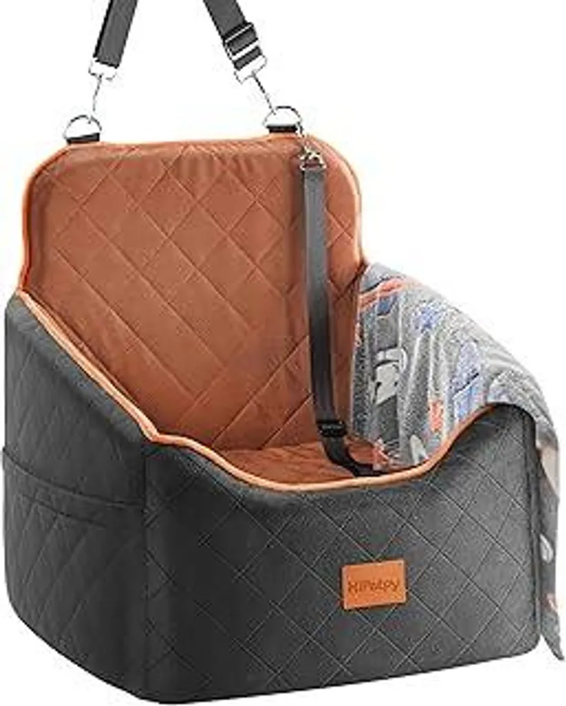 Seggiolino per cani – Seggiolino con coperta e cuscino spesso per cani di piccola taglia fino a 14 kg/30 lb, design rialzato con guinzaglio di sicurezza, cuccia antiscivolo per auto con tasche portaoggetti (marrone)
