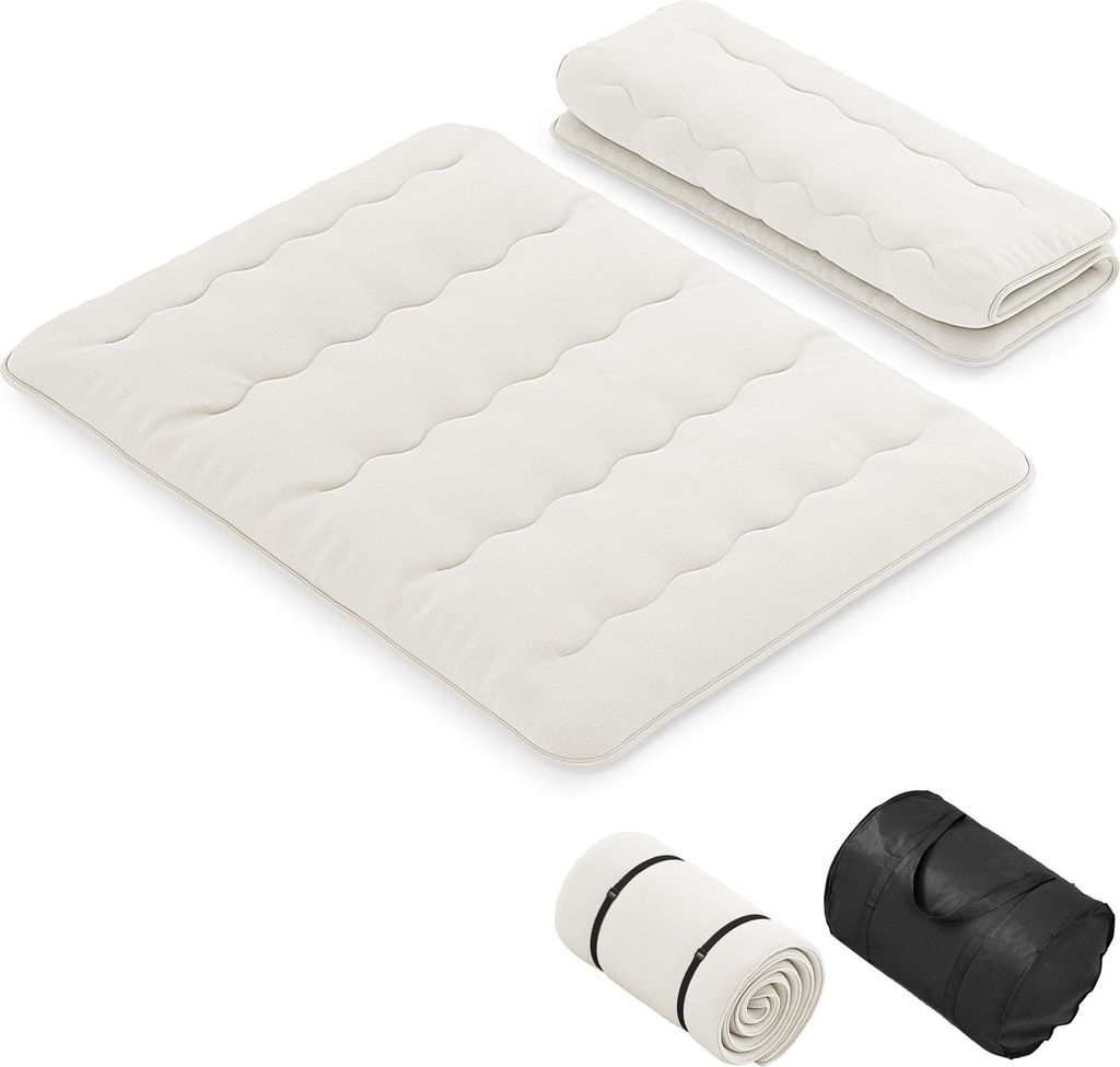 A folded and unfolded mattress, along with two rolled-up mattresses in carrying bags.