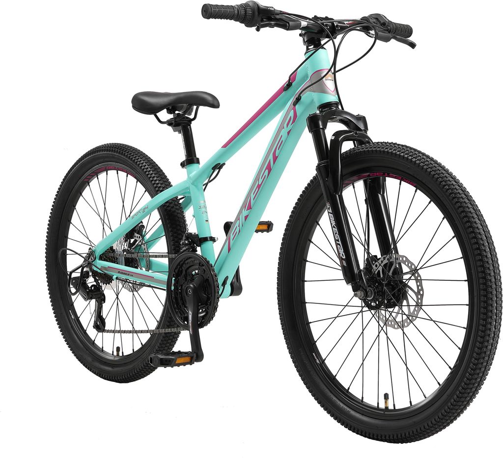 BIKESTAR Kinder Jugend Mountainbike 24 Zoll ab 9 Jahre | 21 Gang Hardtail MTB Sport Scheibenbremse Federgabel | Mint Pink