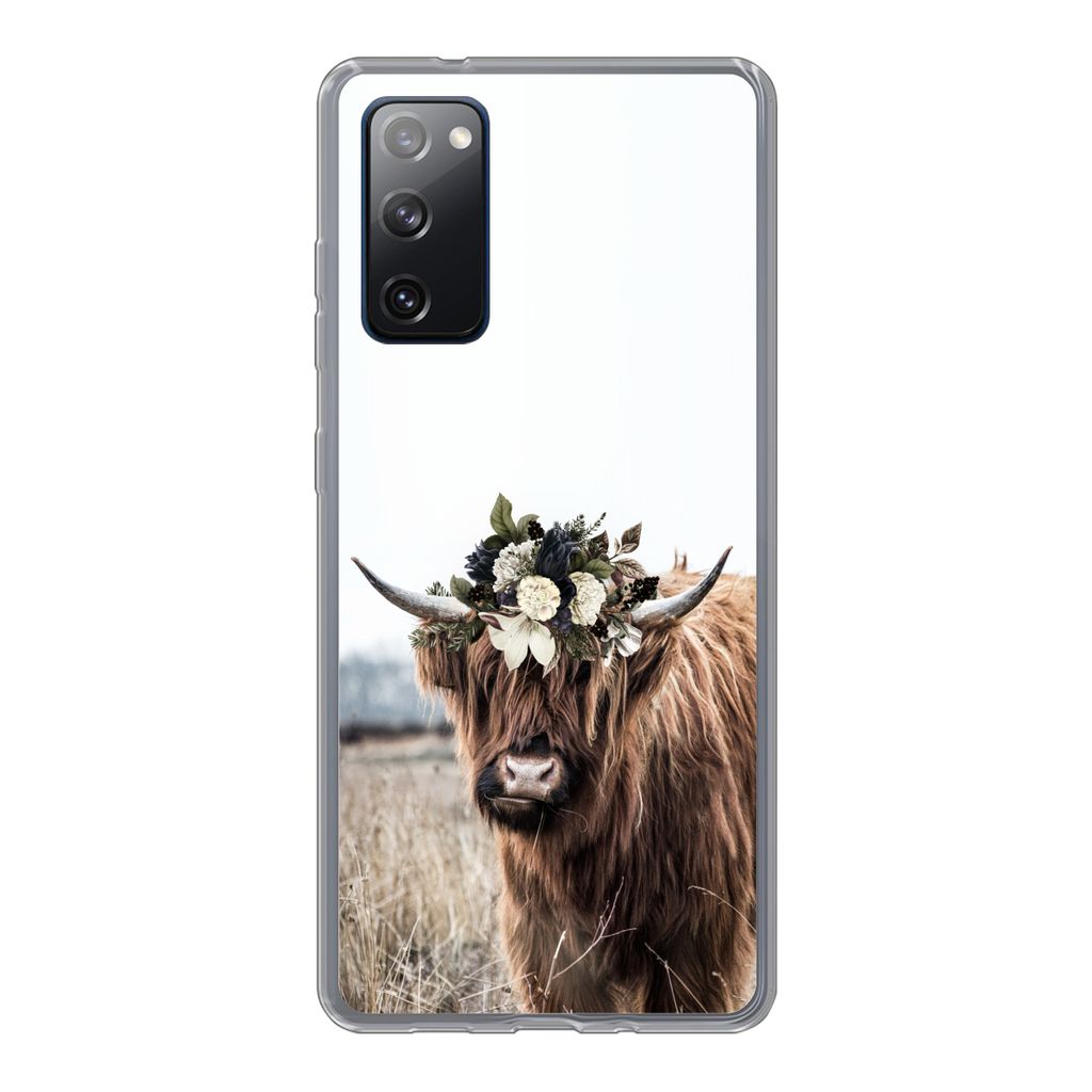 MuchoWow Handyhülle Schutzhülle Hülle für Samsung Galaxy S20 FE Schottischer Highlander - Blumen - Tiere Silikon Softcase Handy Hülle - Abde...