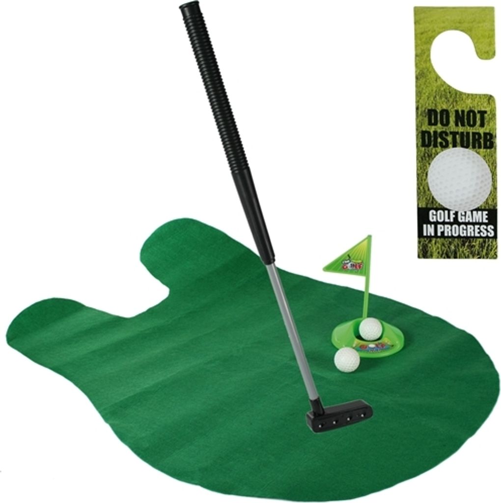 A miniature golf set with a putting green, putter, golf balls, and a flag, along with a 'Do Not Disturb' door hanger.
