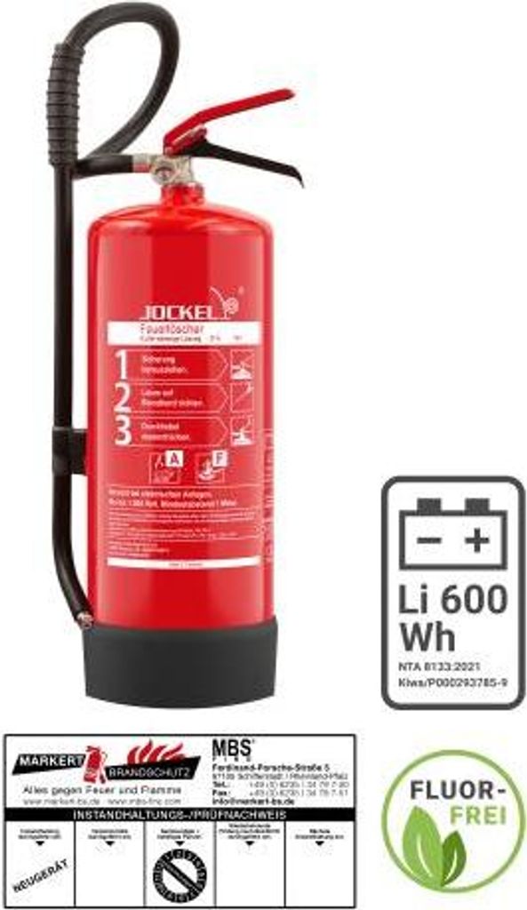 Jockel 6L Lithiumbrand Feuerlöscher fluorfrei inkl. Halterung u. Plakette