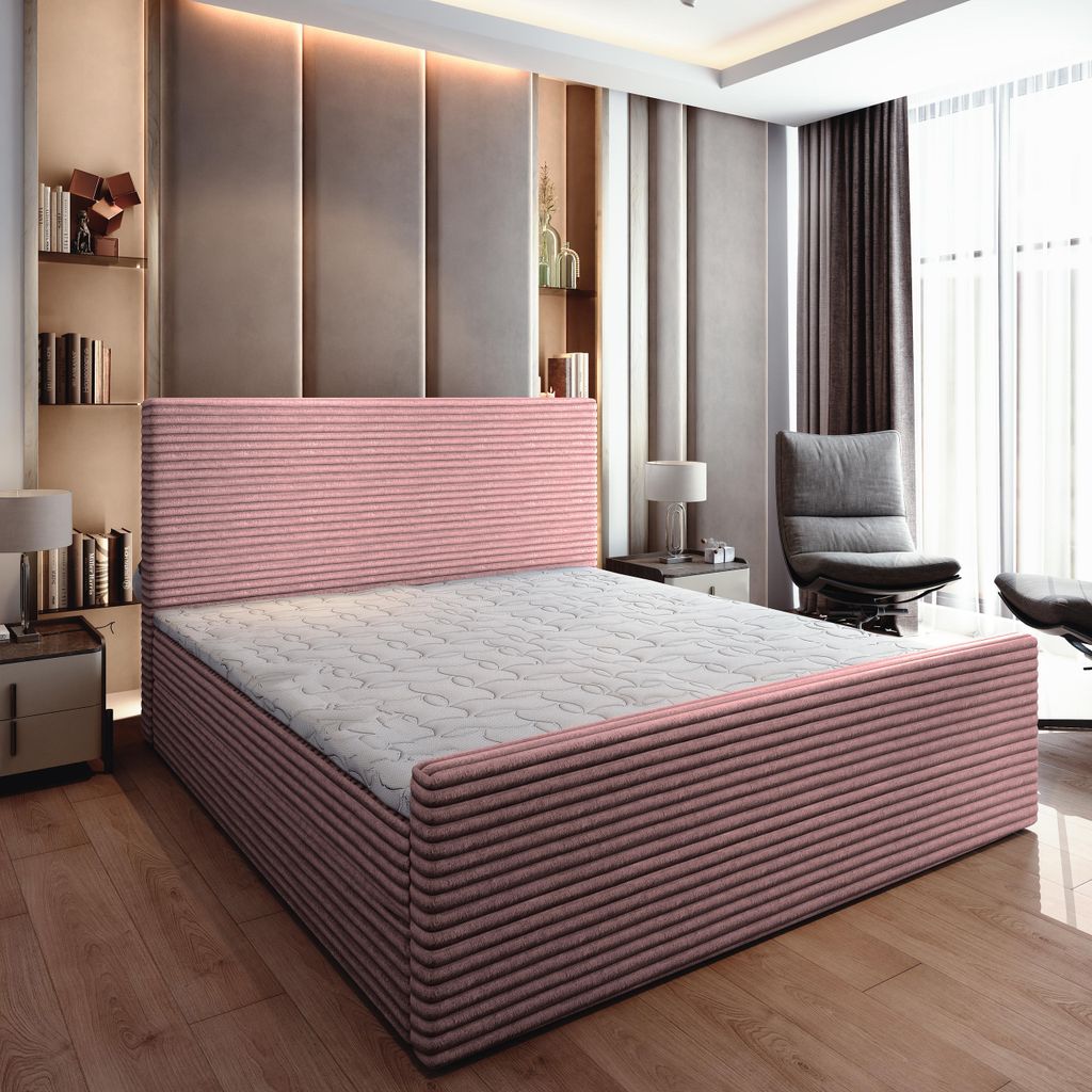 Masseno Boxspringbett BRENTO 160x200 cm Komplett-Set mit Bonell Matratze und Topper, Polsterbett mit Bettkästen -Rosa, TILIA 62