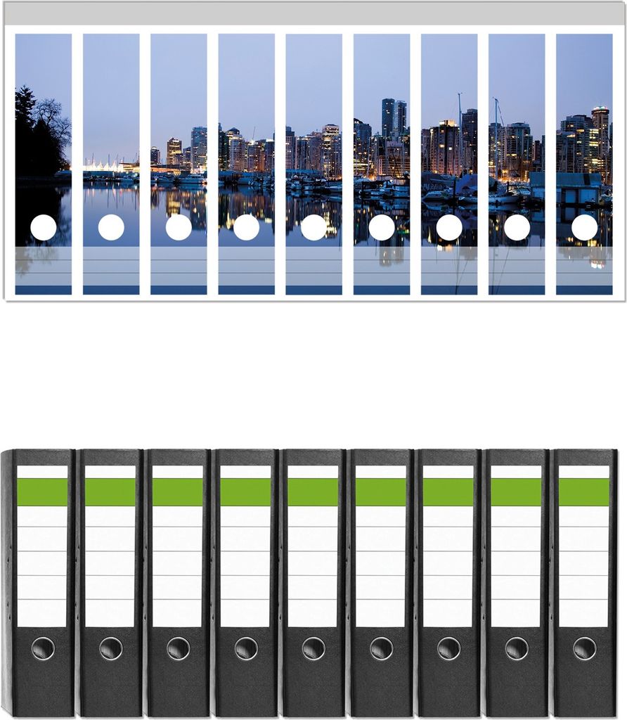 Wallario 9 Stück breite Ordner inkl. Klebeetiketten mit Motive Skyline von Vancouver - Set mit Rückenschildern / Ordnerrücken Stickern