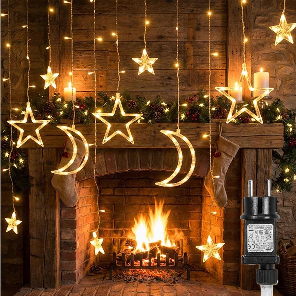 Stern Mond Lichterkette 3M Weihnachten Deko Lichtervorhang Warmweiß 124 LED 8 Modi Weihnachtsdekoration Party Fenster Wohnzimmer Schlafzimmer Lichter