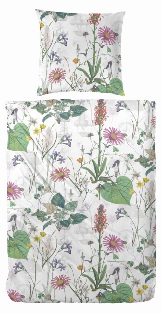 Primera Mako-Satin Bettwäsche 135x200 Blumen Wiese Blätter bunt silber 243207-05