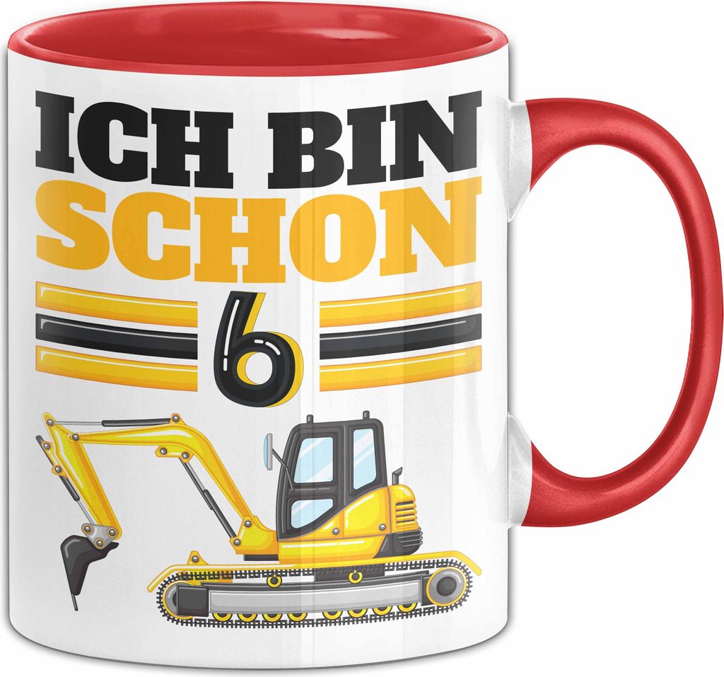 6. Geburtstag Geschenk Tasse Becher Jungs Bagger Ich Bin Schon 6 (Rot)