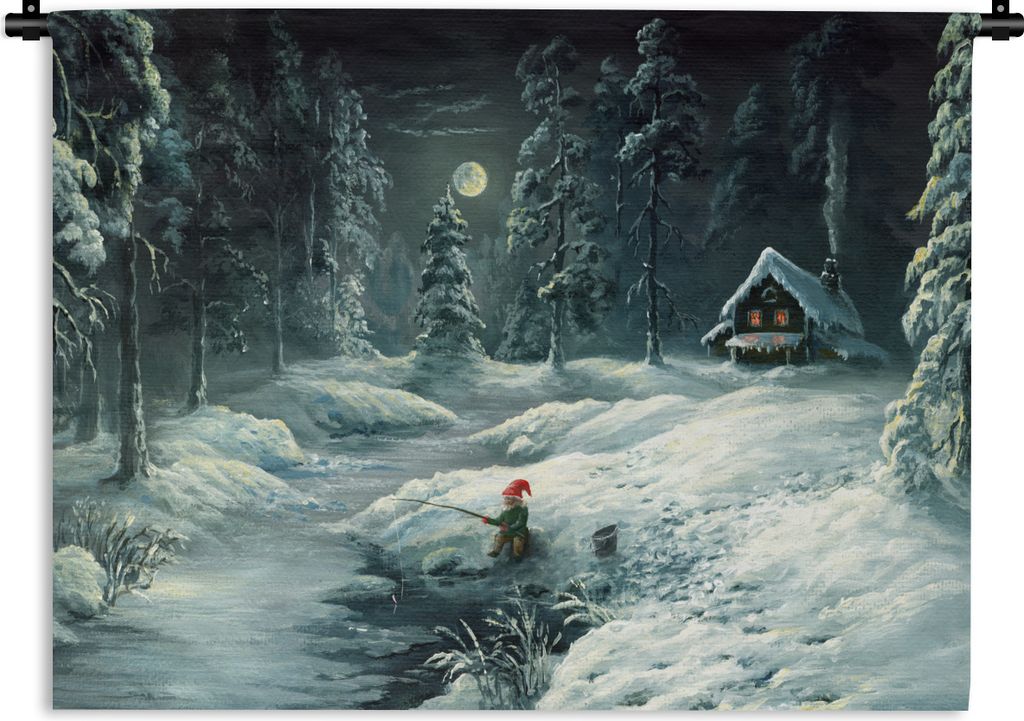MuchoWow Wandteppich Wandbehang Ölgemälde eines Gnoms in einer Winterlandschaft 120x90 cm Tapisserie Dekoration Wandtuch - Wohnen - Aufhänger ...