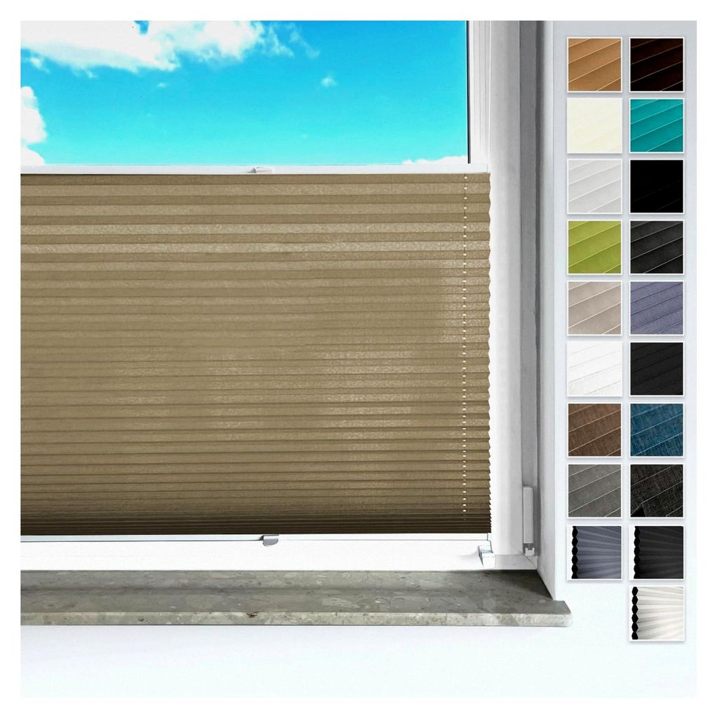 Plissee ohne Bohren, mit Klemmträger, Faltrollo Sicht- und Sonnenschutz für Fenster und Tür (Vigo Beige, B40cm x H100cm)