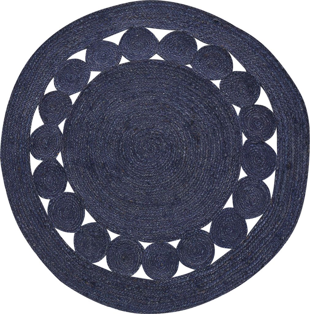 BELIANI Teppich Dunkelblau Jute Rund 120 cm Kurzflor Lochmuster mit Kreisen Handgewebt Boho für Fußbodenheizung Flur Eingang Wohnzimmer Esszi...
