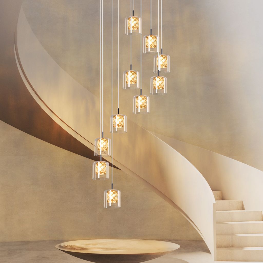 A modern staircase with a series of hanging pendant lights.