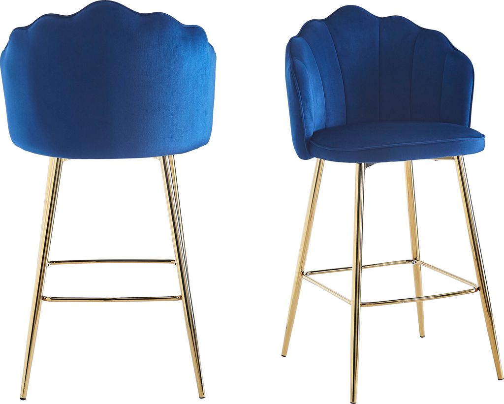 SalesFever Muschel-Barhocker | 2er-Set | Bezug Samt-Stoff | Metallgestell goldfarben | B 52 x T 54 x H 100 cm | dunkelblau