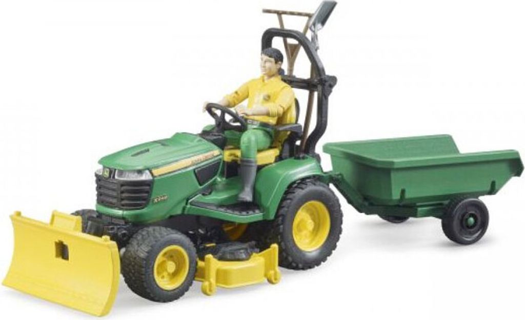 A toy tractor with a driver and a trailer.